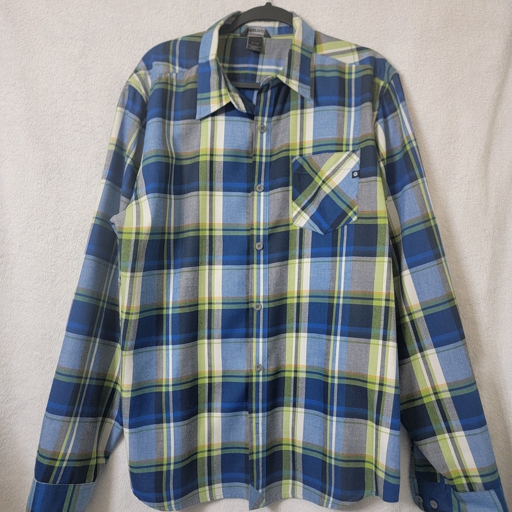 Marmot Long-Sleeve Blue Green Plaid Active Flannel Botton Up Midweight Men's XL‎